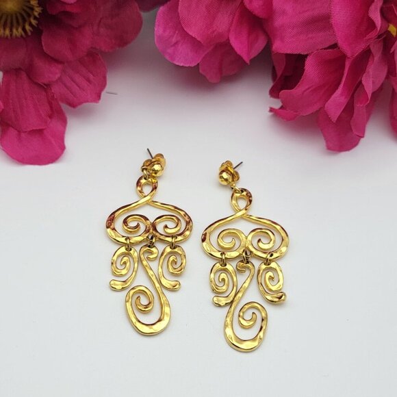 Avon Jewelry - Vintage AVON Gold Tone Hammered Chandelier Earrings 2.5" Pierced Post